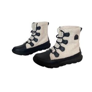 Sorel Women's Explorer II Joan Cozy Boot Black Cream Faux Shearling Size 10